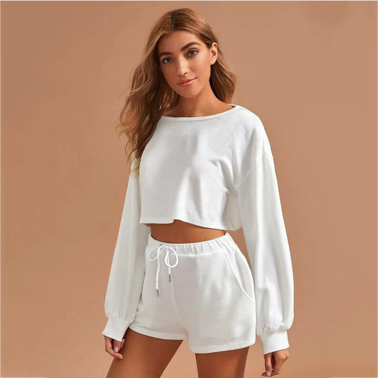 Women's Solid Color Round Neck Long-Sleeved Drawstring Short Two-Piece Casual Sweater