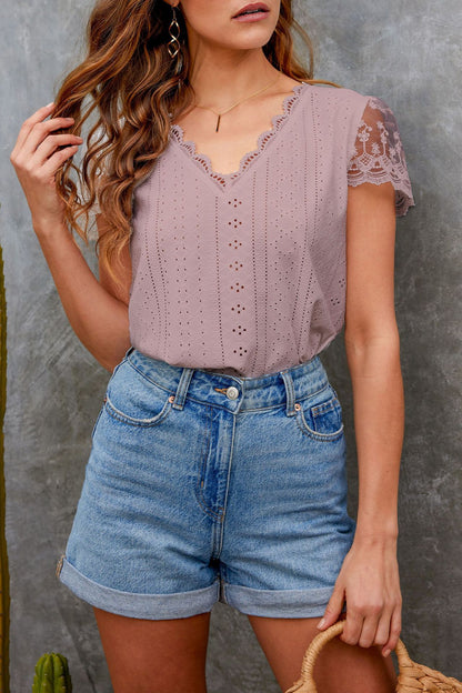 Lace Hollow Out V-neck Fashion Women's T-shirt