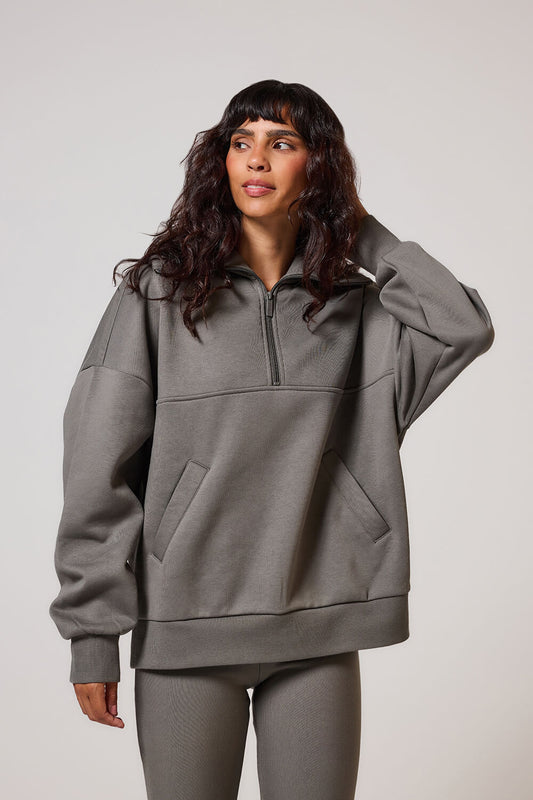 VerdantVibe Organic AllSeason Oversized Quarter-Zip Sweatshirt - Slate Green