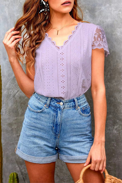 Lace Hollow Out V-neck Fashion Women's T-shirt
