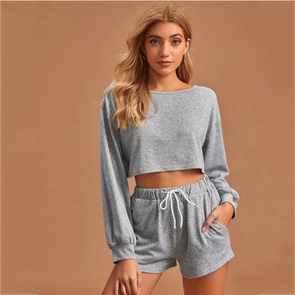Women's Solid Color Round Neck Long-Sleeved Drawstring Short Two-Piece Casual Sweater